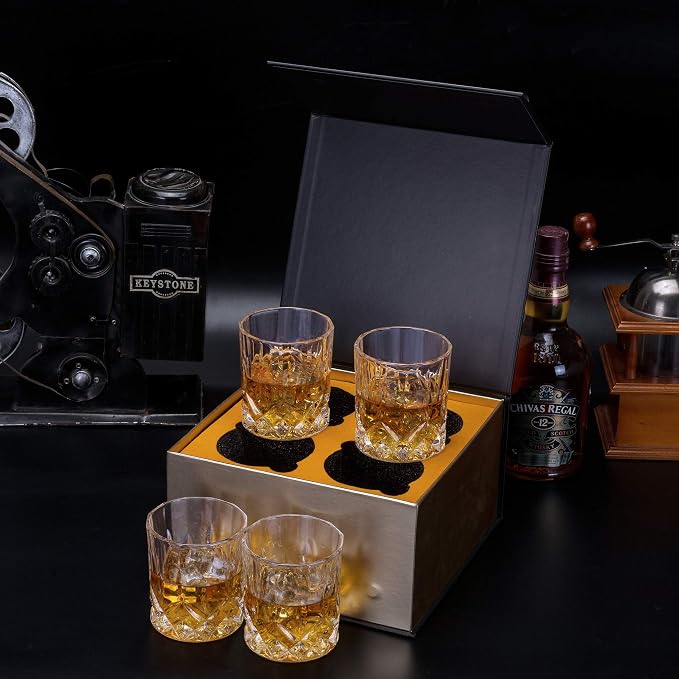 KANARS Old Fashioned Whiskey Glasses with Luxury Box - 10 Oz Rocks Barware For Scotch, Bourbon, Liquor and Cocktail Drinks - Set of 4 - Men Gift | Rocks Barware For Scotch, Bourbon, Liquor and Cocktail Drinks Set of 4 Men Gift