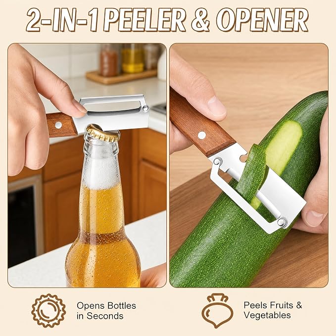 Upgrade Vegetable Peeler and Julienne Peeler Set, 2-Pcs Multifunctional Stainless Steel Veggie Peelers for Kitchen with Wood Handles & Built-in Bottle Opener, Sharp Potato, Carrot & Scallion Shredder