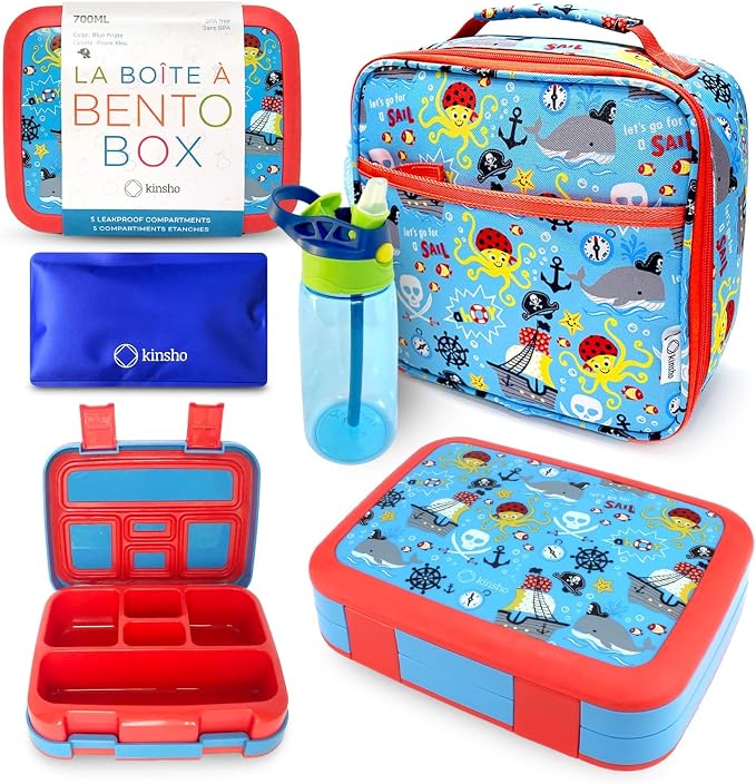 kinsho Kids Bento Lunch Box, Water Bottle, Ice Pack & Bag Set, Blue Pirates | 5 Leakproof Portion Compartments, BPA-Free Removable Tray, Insulated Meal, Snack Container for Toddlers, Pre-School & Daycare