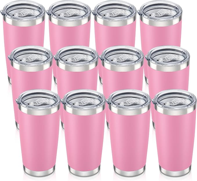 20 oz Tumbler with Lid Stainless Steel Insulated Tumblers Bulk Cups Mug | Double Wall Vacuum, Powder Coated, Keep Drinks Cold and Hot, Waterproof Lid, Fit of Car Cup Holders, Pink, 12 Pack