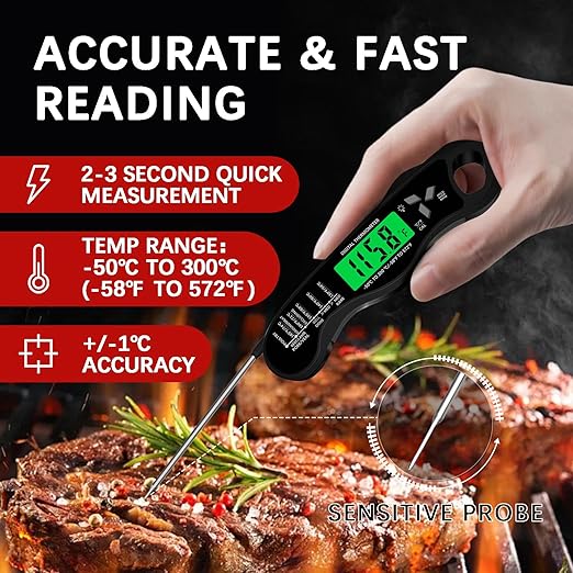 Cooking Thermometer，IP67 Waterproof Meat Thermometer Digital | Backlight，Magnetic attraction，Hold Function，Instant Read，LED screen，for Cooking,Outdoor Grilling