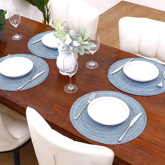 SHACOS Round Braided Placemats Set of 8 Circle Place Mats Cotton Polyester Kitchen Table Mats for Dining Table Wedding Party Decor (Blue Gray, 8)