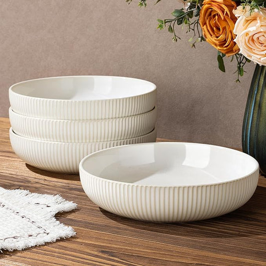 8.5" Ceramic Pasta Bowls Set of 4, Salad Bowls | Versatile Serving Bowls for Pasta, Salad, Fruit & Noodles, Housewarming & Wedding Gift, Reactive White