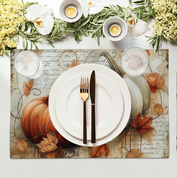Fall Vintage Pumpkin Leaves Placemats Set of 4 Autumn Thanksgiving Harvest Linen Dinner Place Mats 12x18 Burnt Orange and White Rustic Farmhouse Decorative Kitchen Table Mats