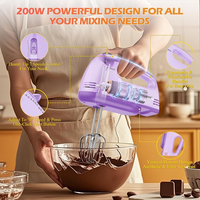 WADODO 7-Speed Electric Hand Mixer – Portable Food Mixer Kitchen Mixer with 304 *(1x Whisk, 2x Beater, 2x Dough hook) for Baking Cakes, Cream, Cookies, PURPLE