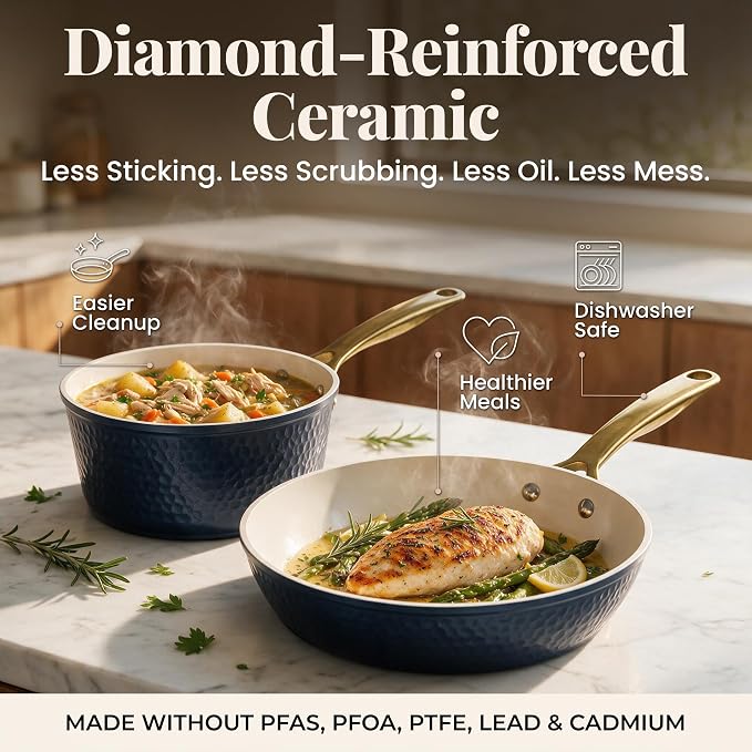 GOTHAM STEEL Hammered 3 Pc Nonstick Frying Pans Set, Cream | 8, 10, 12" Fry Pans, Heavy Duty 3.0MM Gauge, Non Toxic PFOA/PFOS/PTFE Free, Induction Compatible, Oven and Dishwasher Safe