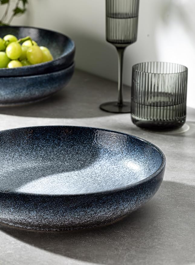S&Q'S CERAMICS Large Serving Bowls Set of 4, 65 oz Wide Shallow Plates, Pasta Serving Dishes for Party, Entertaining, Microwave Safe (Dark Blue)