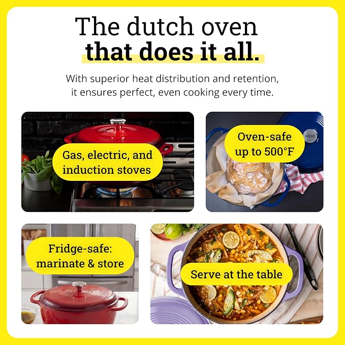 Lodge Essential Enamel Cast Iron Dutch Oven with Lid 7.5 Quart - Oven-Safe Enamel Cookware up to 500° F - Heat-Retaining Braising & Roasting Pot - Non-Toxic Cookware - Island Spice Red