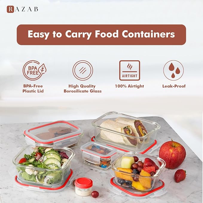 Razab 35 Pc Set Glass Food Storage Containers with Lids - Meal Prep Airtight Bento Boxes BPA-Free 100% Leak Proof (15 lids,15 glass & 5 Plastic Sauce/Dip Containers)