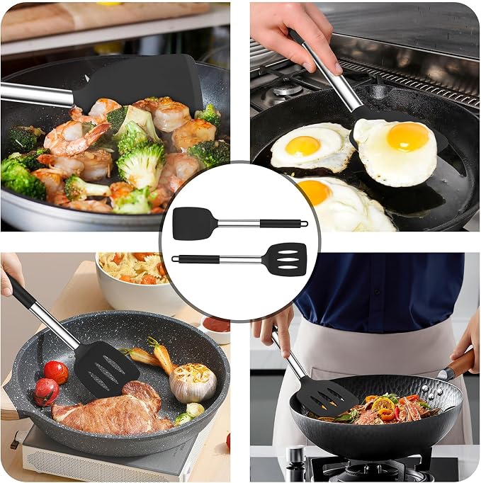 TeamFar Kitchen Utensils, 4 PCS Silicone Cooking Utensils Spatula Spoon Set | with Stainless Steel Handle, for Frying Mixing Draining Turning, Healthy & Heat-proof, Non-stick & Dishwasher Safe - Black