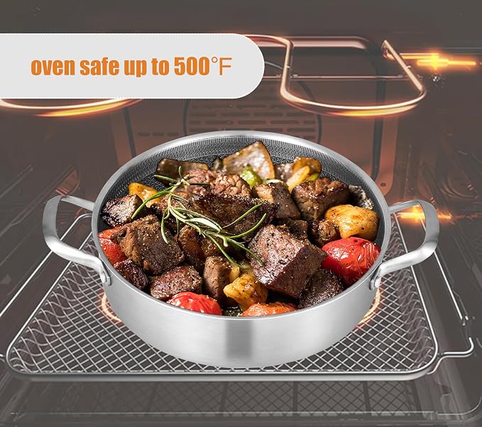 Inqibee 5 QT Saute Pan with Lid, 12 Inch Deep Frying Pan, Riveted Handle | Hybrid Ceramic Nonstick Cookware, Tri-Ply Stainless Steel Pan, PFOA Free, Induction Cooking Pan, Dishwasher and Oven Safe