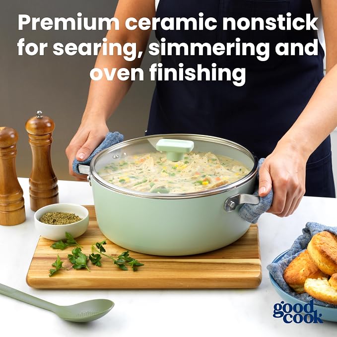 GoodCook Ceramic Dutch Oven with Lid, Induction Compatible, Nonstick and Oven Safe, 5-Quart, Sage Green