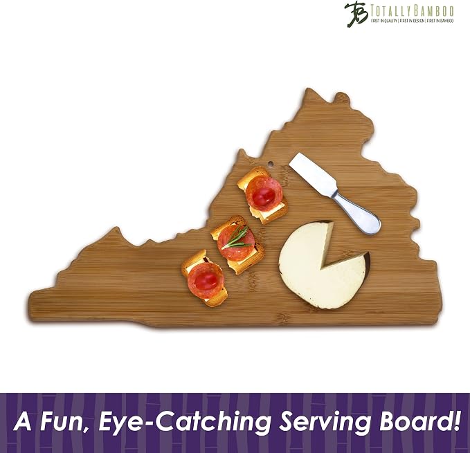 Totally Bamboo Virginia State Shaped Bamboo Serving And Cutting Board, Brown | State charcuterie board with natural bamboo grain. Knife-friendly surface for food prep. Hang tie for wall display.