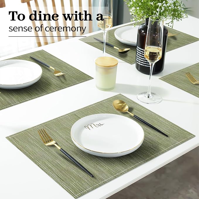 Green Placemats Set of 4, 12x18 Inch Faux Linen Table Mats | Heat Resistant and Washable Design, Easy to Clean Surface for Dining Rooms, Kitchens, Outdoor Parties and Everyday Home Decor
