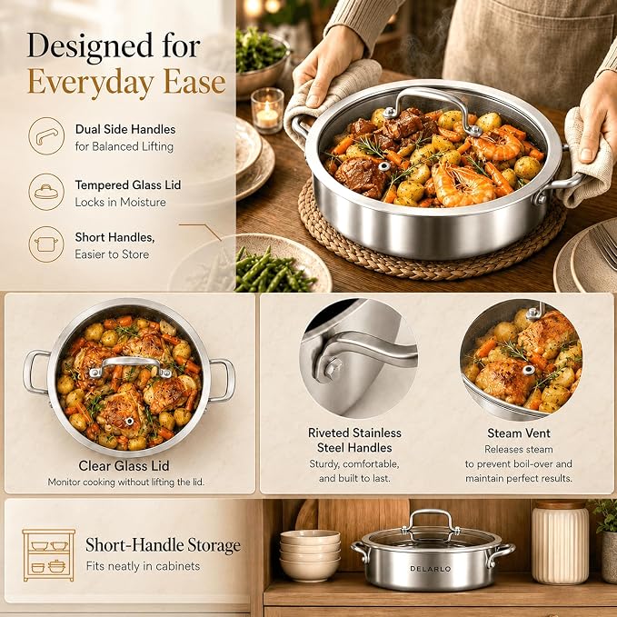 DELARLO Tri-Ply Stainless Steel 10 Inch Deep Frying Pan 3QT Saute Pan With Lid, Induction Compatible Chef Cooking Pan with lid, Dishwasher & Oven Safe