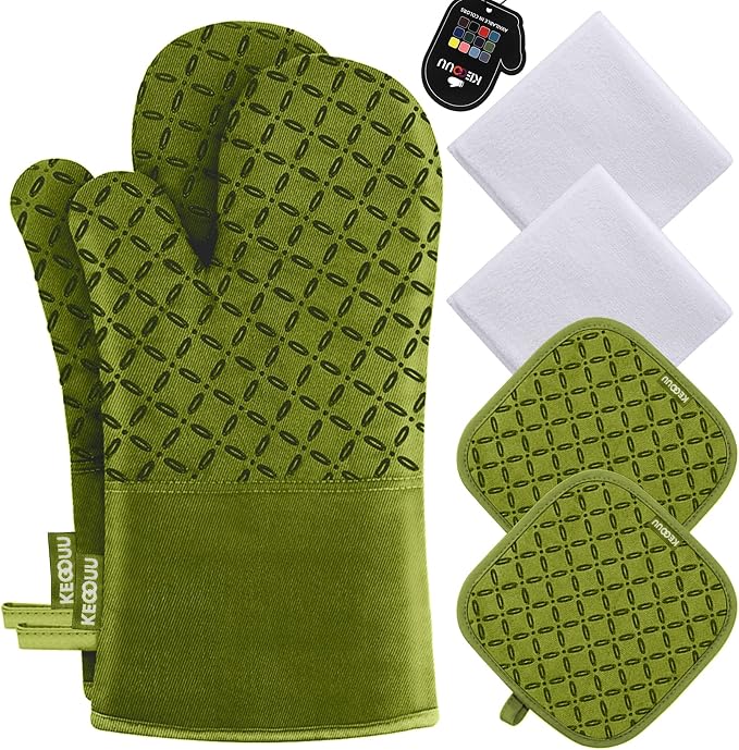 KEGOUU Oven Mitts and Pot Holders 6pcs Set, Kitchen Oven Glove High Heat Resistant 500 Degree Extra Long Oven Mitts and Potholder with Non-Slip Silicone Surface for Cooking (Olive Drab)