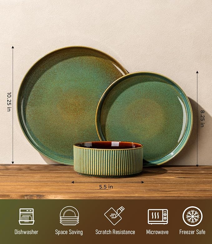 GBHOME Stoneware Dinnerware Sets for 4, 12 Pieces Plates and Bowls Set | Lightweight Ceramic Ribbed Dishes,Reactive Glaze Stackable Plate Set,Scratch Resistant,Microwave Dishwasher Safe,Maroon Olive