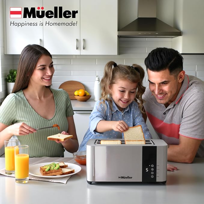 Mueller UltraToast Stainless Steel Toaster 4 Slice – Extra-Wide 1.6" Slots | For Artisan Bread, Bagels & Frozen Waffles, 6 Browning Levels, LED Display, Cancel/Defrost/Reheat, Removable Crumb Tray