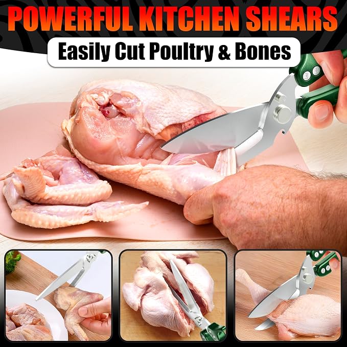Kitchen Shears Heavy Duty, Safety Lock, Stainless Steel (Green) | Poultry Shears for Chicken, Turkey, Spatchcock, Fish; Bone Cutting Scissors, Micro-Serrated, Spring-Loaded, Separate to Clean