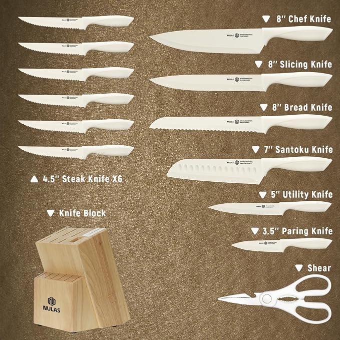 15-Piece Kitchen Knife Set with Block and Built-In Sharpener, Cream | High-carbon stainless steel blades, nonstick coating, ergonomic handles and dishwasher-safe care