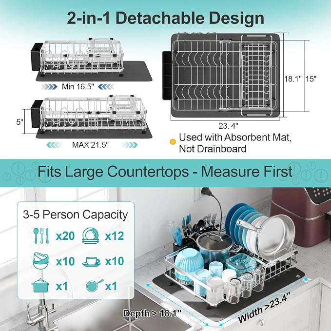 Large Capacity Dish Rack - Expandable 2-Piece Countertop Set, Silver | Expands 16.5-21.5 in, Holds Pots & Plates, Cup & Utensil Holders, Absorbent Mat, Removable Over-Sink Rack, Stainless Steel