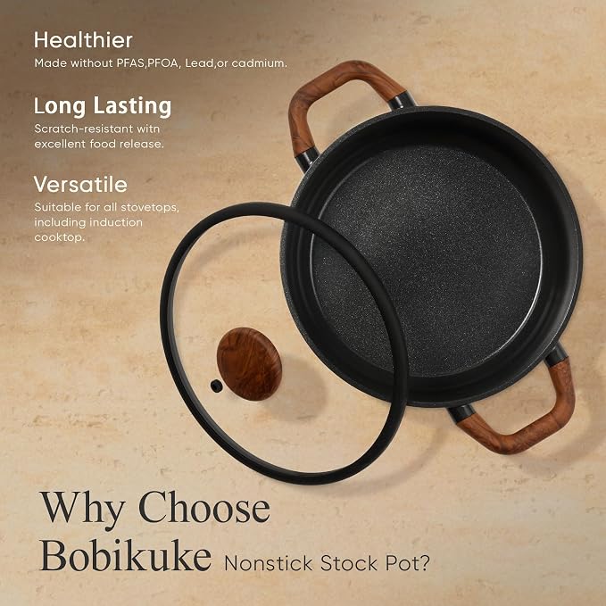 CAROTE 5QT Ceramic Stock Pot with Ladle, Nonstick Casserole with Lid, Even Heating Stockpot, Fits All Stoves, Non Stick Large Capacity Cooking Pots, PFAS Free, Black