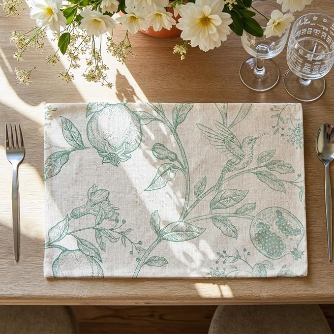 JINCHAN Linen Placemats Set of 4 Farmhouse Botanical Print 13x19 Inch Green | Fabric Placemats, Cottage Style, Botanical Bird Motif, Machine Washable, Easy to Store, Reusable
