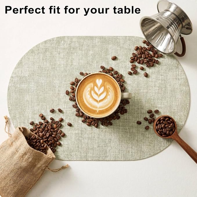 Placemats Set of 4-17" x 11.8" Waterproof & Heat Resistant Oval Place Mats, Wipeable Washable Double Layer Faux Leather Table Mats, Sage Green