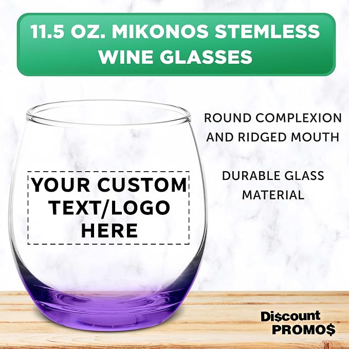 Custom Mikonos Stemless Wine Glasses 11.5 oz. Set of 10/50/100, Personalized Bulk Pack - Restaurant Glassware, Perfect for Red Wine, White Wine, Cocktails - Purple