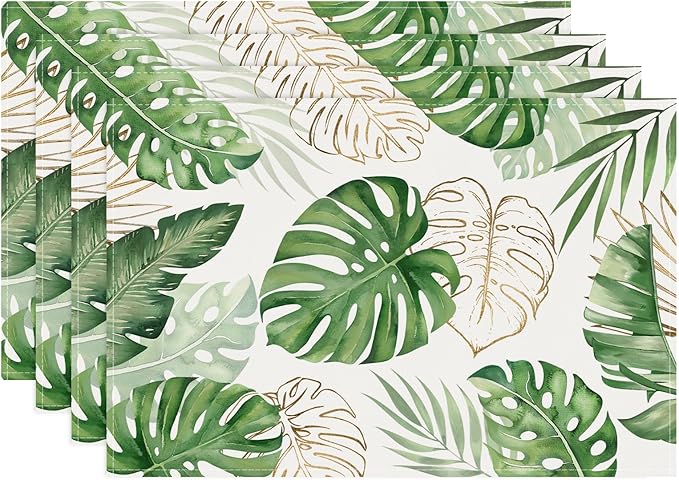 Bonhause Tropical Palm Leaves Monstera Placemats Set of 4, 12x18 Inch Summer Hawaiian Green Plants Kitchen Dining Table Mats Washable Place Mats for Indoor Outdoor Home Party Decor