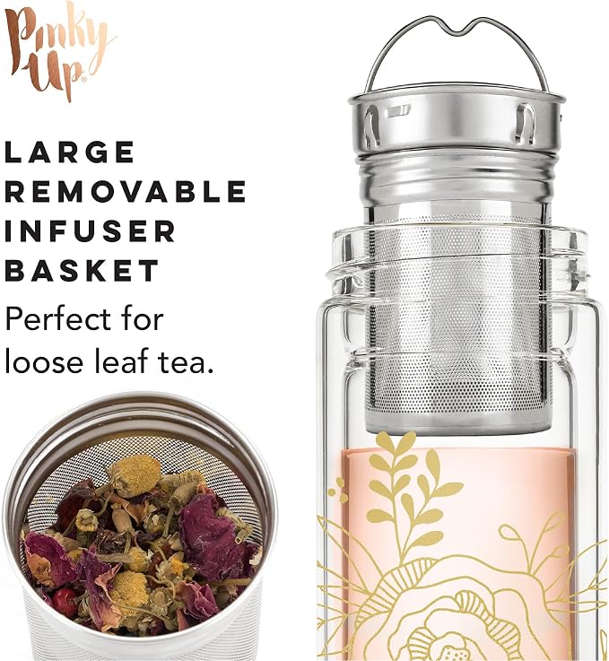 Pinky Up Blair Travel Infuser Mug, Double-Walled Glass, Stainless Steel Strainer, 16 Oz, Bouquet