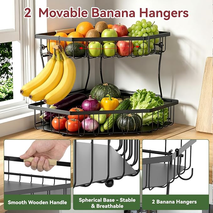 2 Tier Fruit Basket Extra Large with 2 Banana Hangers for Corner | Detachable Metal Fruit Bowl with Wooden Handle, Large Capacity Fruit Stand for Bread Fruit and Vegetable Storage, Black
