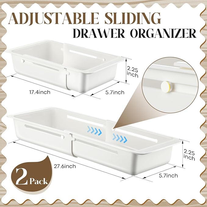 2 Pack Deep Drawer Organizer Adjustable Storage Bin(17.4-27.6") | Adjustable Width Design, Maximize Drawer Storage, Kitchen & Home Organization Solution