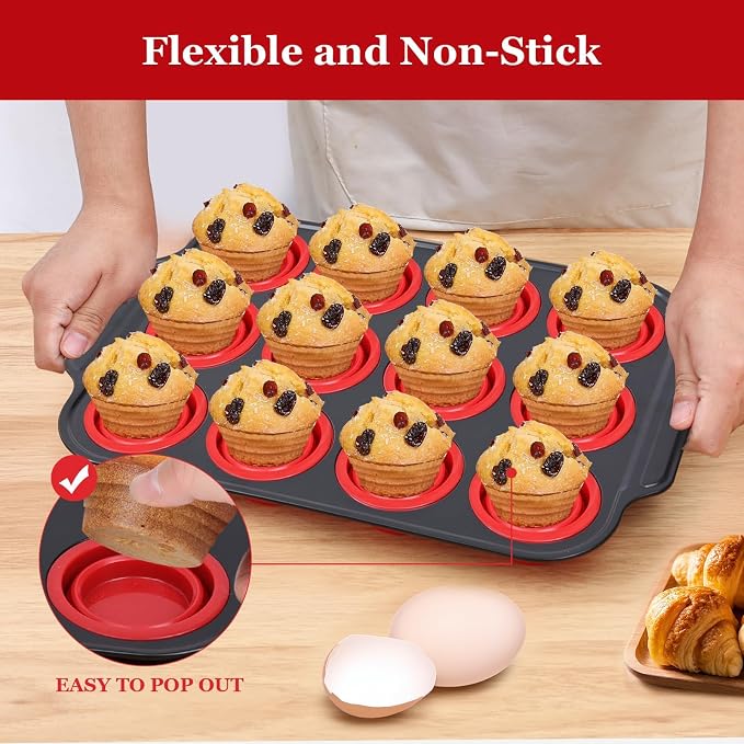 Silicone Muffin Pan, 12-Cup Nonstick Silicone Muffin Pans for Baking, Food-Grade Cupcake Pan for Oven, Microwave, Dishwasher Safe, BPA-Free Silicone Baking Mold for Muffins, Cupcakes, Egg Muffins