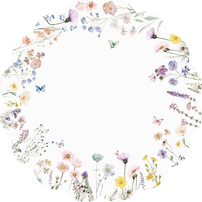 G.R.I - 50 Pcs Summer Flower Paper Place Mats, Watercolor Wildflower Butterfly Disposable Scalloped Place Mats, Spring Floral Round Placemats for Bridal Shower Birthday Wedding Baby Shower Party