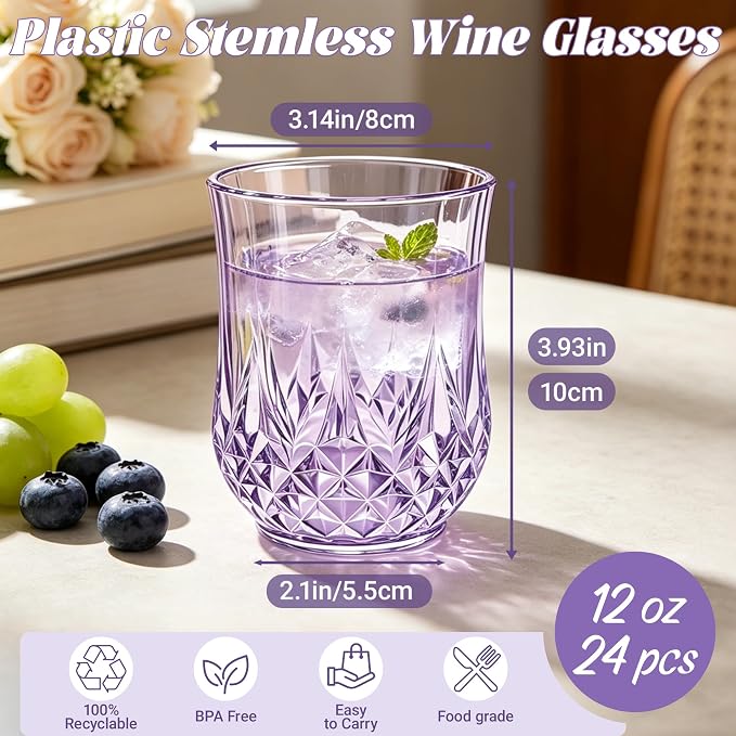 24 Pack Plastic Stemless Wine Glasses, 12oz Unbreakable Wine Cups | Reusable Fancy Vintage Drinking Glass Bulk for Cocktail, Whiskey, Juice, Elegant Decor for Wedding, Party & Holiday Events