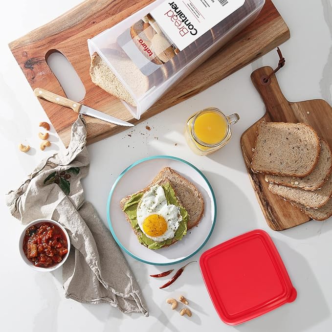 Tafura Bread Containers, 2 Pack, Airtight BPA-Free Bread Boxes, Red Lid | Includes two reusable units to help keep homemade and bakery loaves fresh and neatly organized.