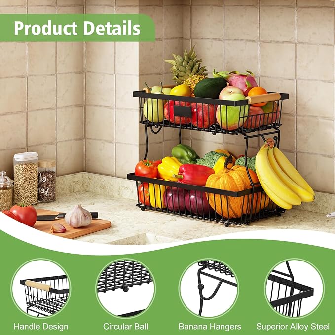2 Tier Fruit Basket for Kitchen Counter with 2 Banana Hangers, Countertop Metal Bread Basket with Wooden Handle, Large Storage Stand for Vegetables, Snacks, Eggs, Produce Storage – Black