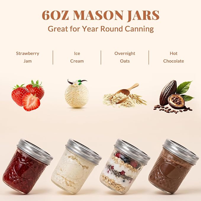 CycleMore 6 oz Mason Jars with Split Bands, 30 Pack Canning Jars | AirTight, BPA Free, Bulk Value, Regular Mouth Small Glass Canisters for Jelly, Sauce, Jam, Honey, Wedding Favors, Favors