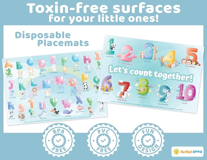 Bright Seed Disposable Placemats for Baby & Toddlers, Learning Mat- Animal2 | 40 Disposable Placemats, ABC, Numbers & Animal Learning, Perfect for Restaurants & Travel, Helps Keep Tables Clean