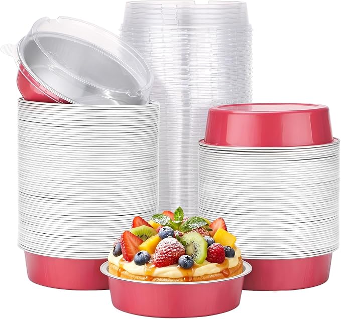 Beasea 120 Pack Disposable Ramekins with Lids, 7.3oz Grapefruit Pink Aluminum Foil Mini Pie Tins Pans Small Baking Cups, Round 4 inch Individual Cake Pans Tin for Creme Brulee Cheesecake Tart Pie