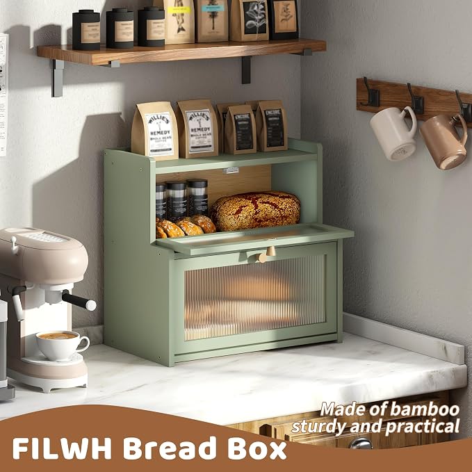 Bread Box for Kitchen Countertop Double Layer Large Corner Bread Box Capacity Bread Storage Bin Farmhouse Breadbox Container Organizer Cabinet Cupboard (Green)