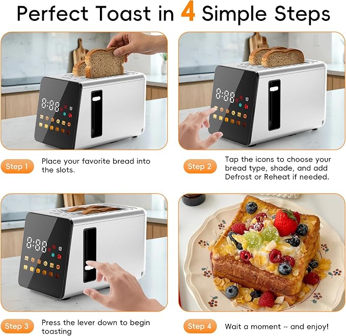 WUNLY Smart Touchscreen 2 Slice Toaster, Wide Slot, Memory & Single-Slot | Digital Timer, Extra Wide Slot for Bagels, 6 Shade Levels & 6 Bread Settings, Reheat, Defrost, Favorite, Silver