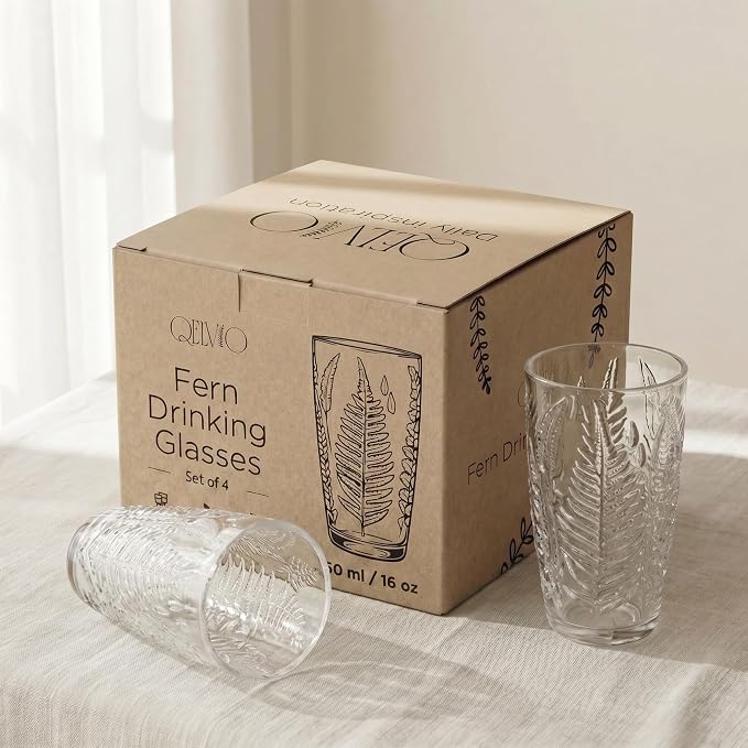 Clear Drinking Glasses Set of 4, 16 oz Glass Cups, Vintage Fern Glassware | Hand-Pressed, Dishwasher Safe, Boho Leaf-Textured Drinkware, Decorative Embossed Highball Tumblers for Water, Retro Kitchen