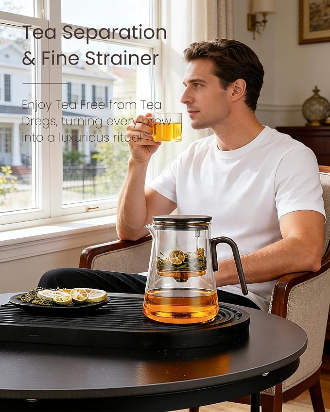 ZENS Magic Teapot with Infuser and Magnetic Lid for Loose Tea Maker, 34oz | Glass Magnetic Teapot, Echanted Tea Pot with Infusers for Loose Tea Steeper, Tea Lovers Gift, Black Walnut Pattern