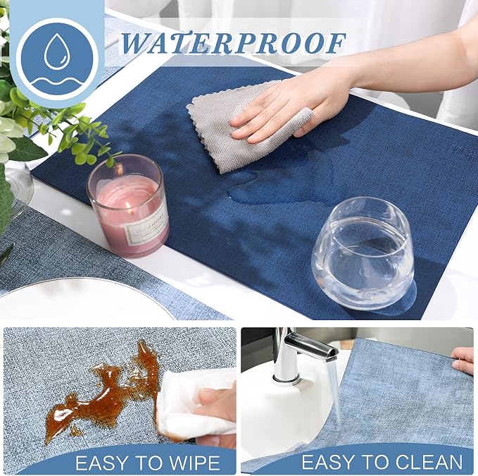 Leather Placemats Table Mats Set of 6, Navy Blue & Light Blue | Reversible Non-Slip Table Placemats, Heat-Resistant and Waterproof for Dining Kitchen and Holiday Parties