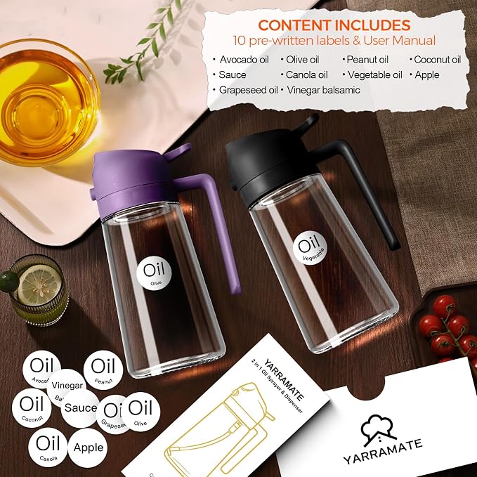 YARRAMATE 16 oz 2-in-1 Glass Olive Oil Sprayer for Cooking, Purple | Food-grade dispenser bottle, 470 ml, spray and pour, portion control, stickers included, for salad, frying and BBQ