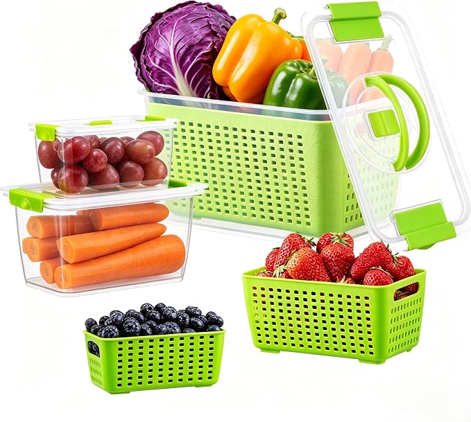 LUXEAR Produce containers for fridge,3 Set Fruit Containers with Removable Colander, BPA-Free Produce Saver Containers with Lids Dishwasher&Microwave Safe Keep Fruits, Vegetables, Berry, Fresh Longer