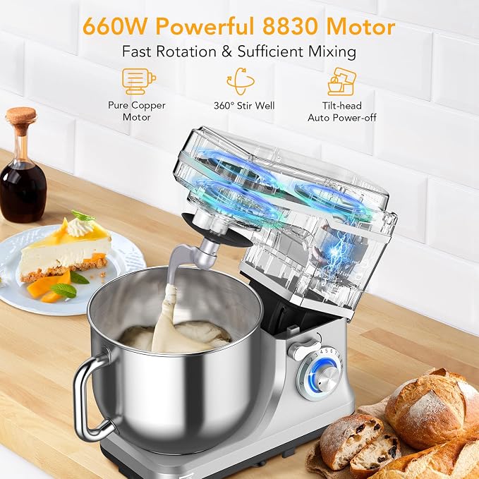 7.5 Qt Stand Food Mixer for Home Cooks, 660W Tilt-Head Electric Kitchen Mixer with 10 Speeds, Stainless Steel Bowl & Attachments for Baking and Dough Hook, Whisk, Beater, Splash Guard, Silver