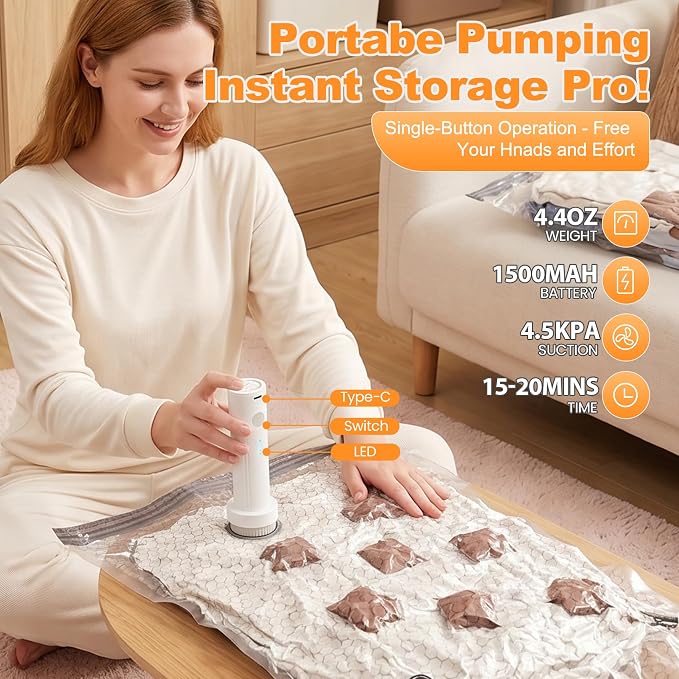 10 Jumbo Vacuum Storage Bags with Electric Pump, Large Vacuum Seal Bags for Clothing Comforters Blankets Bedding Pillows Sweater, Space Saver Compression Packing Bag for Moving and Home Essensials